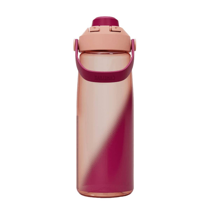 A drink bottle in gradient shades of pink and burgundy, featuring a flip-top lid and carrying handle.