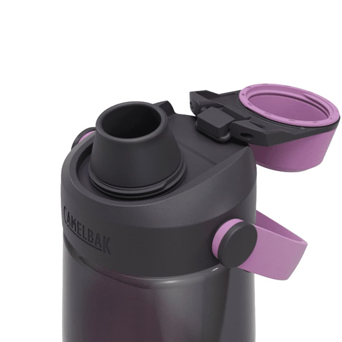 A drink bottle with a dark grey body, purple accents, and a spill-proof chug lid. It features a logo.