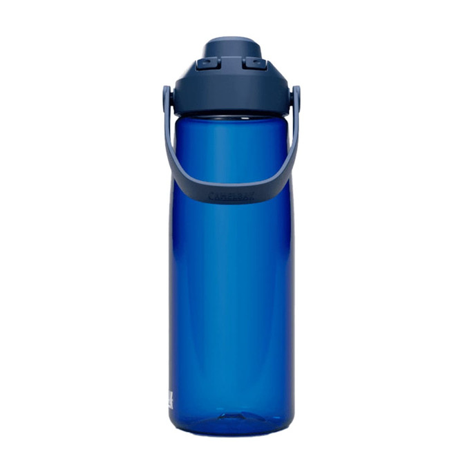 A drink bottle in a deep blue colour, featuring a handle and a sports cap, with a logo on the side.