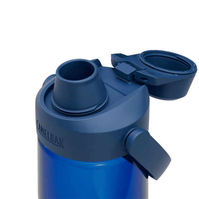 A drink bottle in blue with a wide mouth, a flip-top cap, and a spout, featuring a logo on the side.