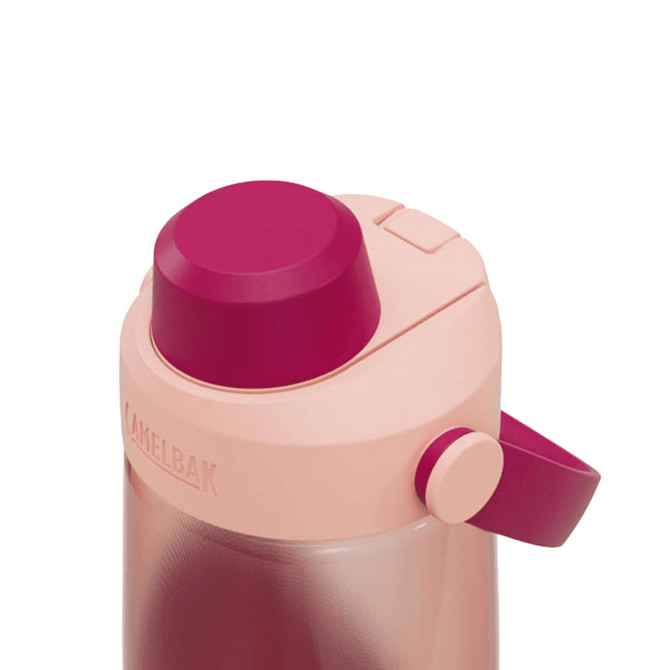 A drink bottle featuring a pink and maroon design, with a wide spout and a handle. It has a logo on the side.