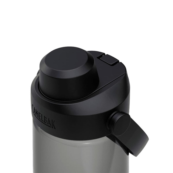 A drink bottle with a black lid and spout features a grey body and includes a logo on the side.
