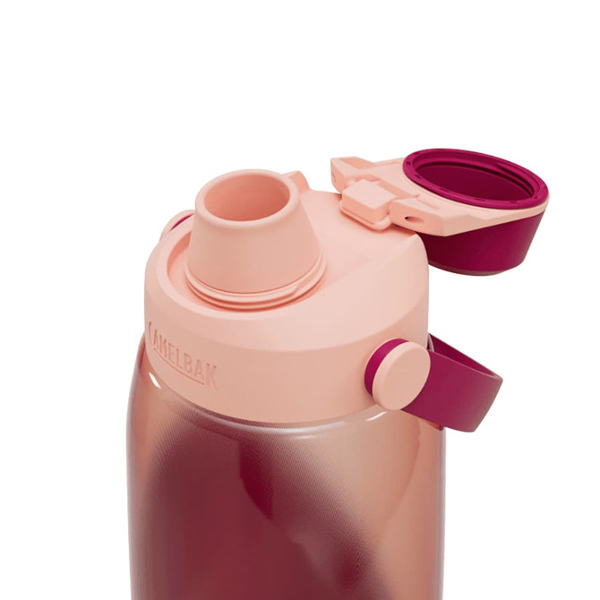 A drink bottle in gradient shades of pink, featuring a wide mouth and a screw cap, with a logo on the side.