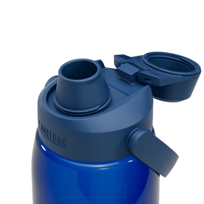 A drink bottle in a deep blue colour, featuring a screw top with a spout and a safety lid. It has a logo on the side.