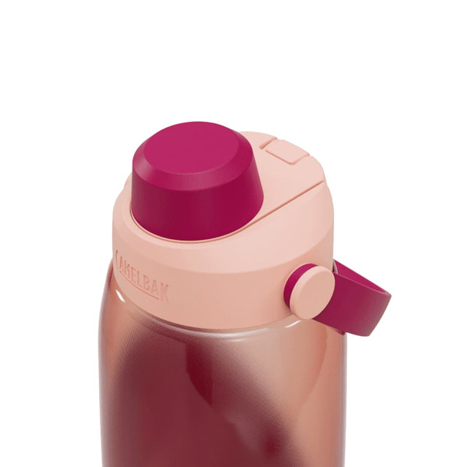A drink bottle in shades of pink with a grip handle and a lid featuring a logo.