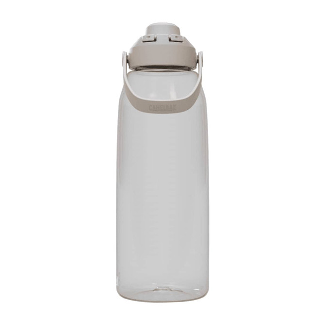 A drink bottle featuring a clear design with a beige lid and handle, designed for easy hydration.