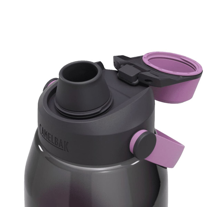 A drink bottle in dark grey and purple, featuring a top spout and a removable cap, with a logo visible.