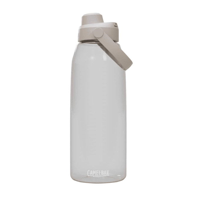 A drink bottle with a clear body and beige lid, featuring a built-in handle and a logo.