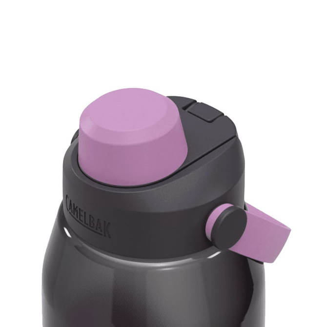 A drink bottle in grey with a purple lid and spout, featuring a logo on the side.