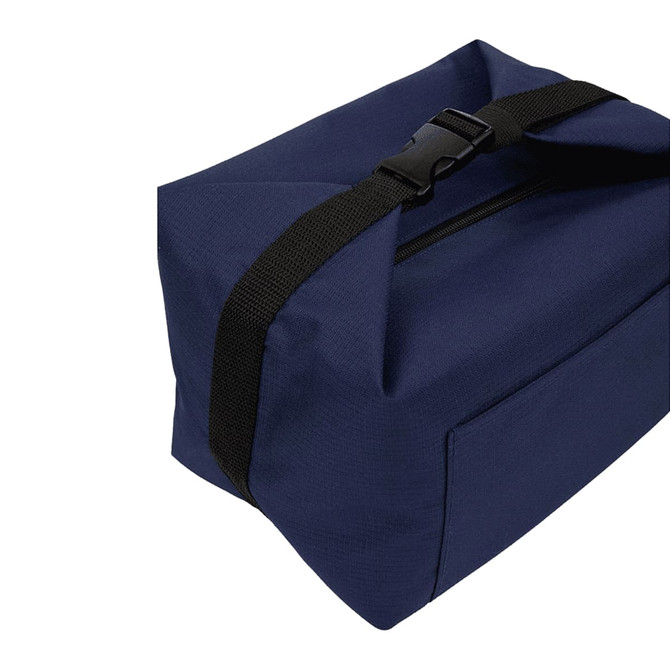 A navy cooler bag with a black strap and zip closure, featuring a side pocket and a simple logo.