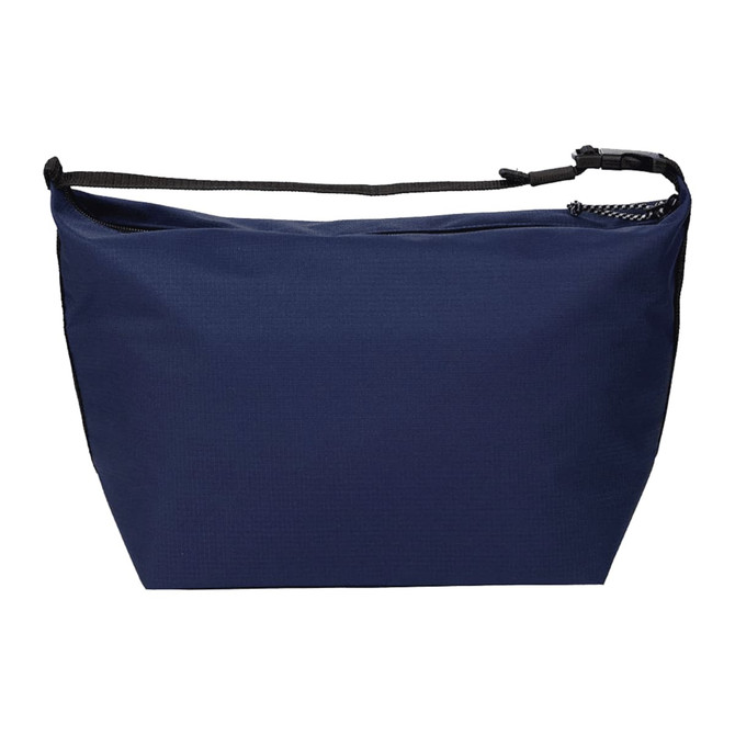 A navy blue cooler bag featuring a single zipper and a shoulder strap, with a logo on the front.