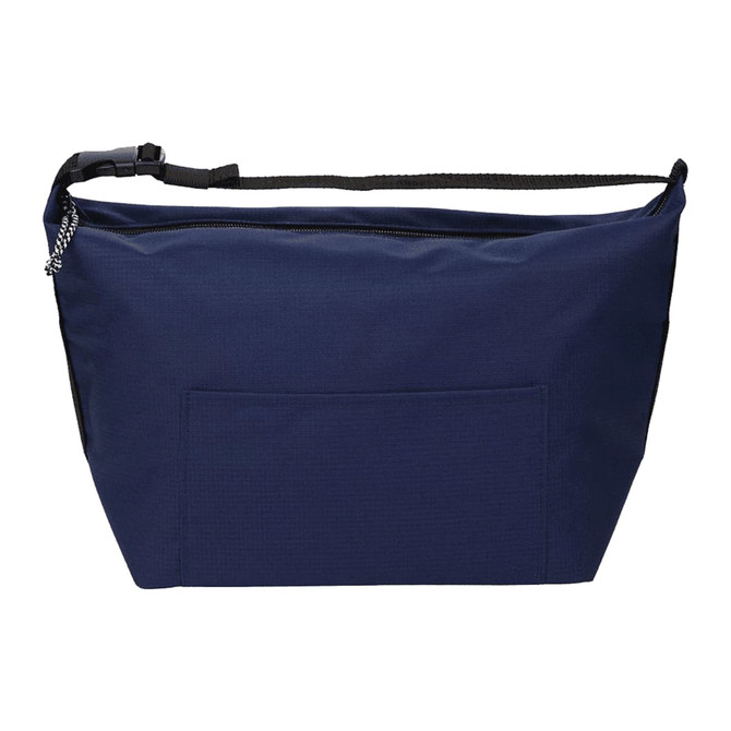 A navy blue cooler bag with a shoulder strap and a front pocket, featuring a logo.