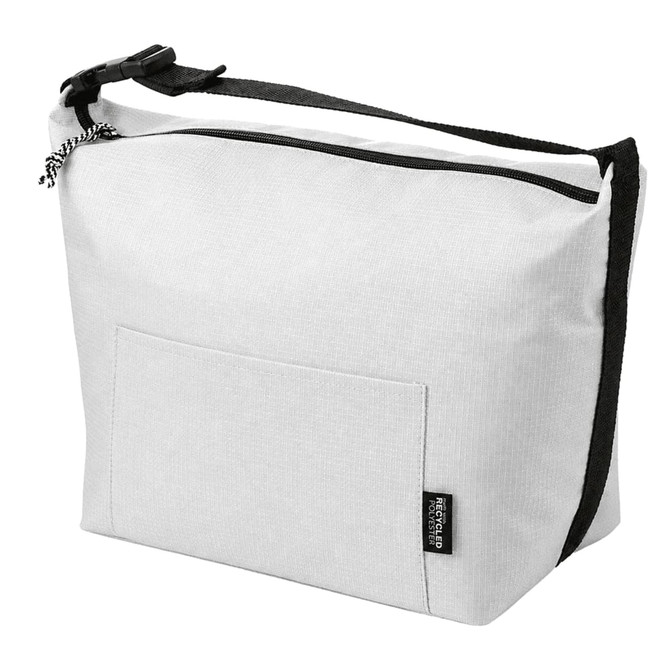 A grey cooler bag with a black strap and a front pocket, featuring a logo.