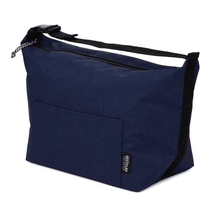 A navy blue recycled lunch cooler bag with a zip closure and a front pocket, featuring a shoulder strap.