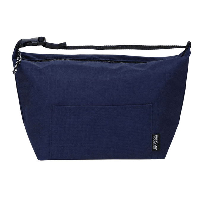 A navy cooler bag with a zippered closure, adjustable strap, and an external pocket. It features a brand logo.