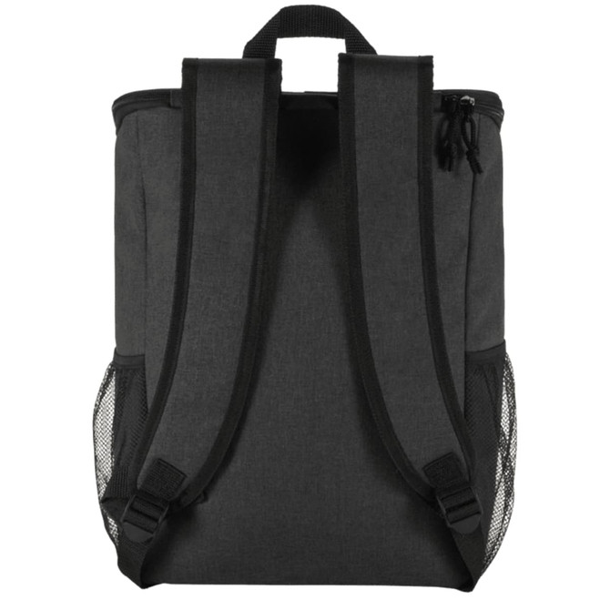 A dark grey backpack with adjustable straps and mesh side pockets, designed as a cooler bag.