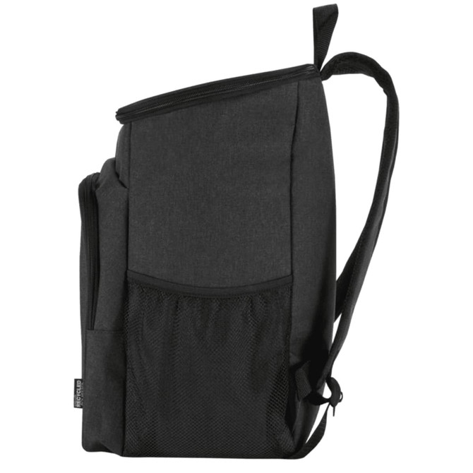A black cooler backpack with adjustable straps and a side mesh pocket, designed for carrying food and drink essentials.