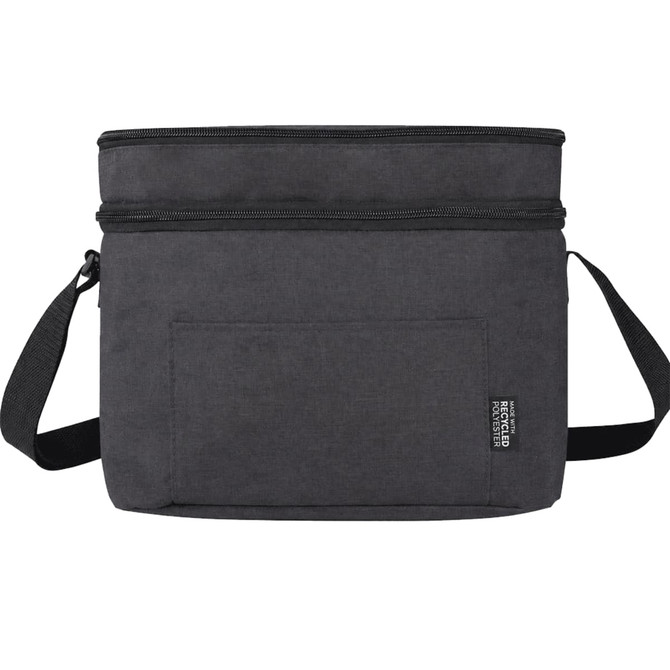 A dark grey double compartment cooler bag with a shoulder strap and a front pocket. It features a logo.