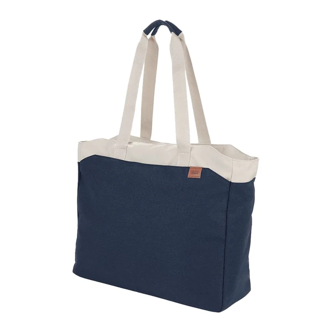 A navy blue tote bag with cream handles and a logo. Designed for carrying a computer and other essentials.