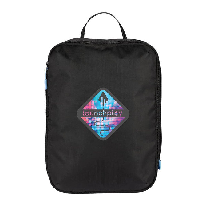 A black packing cube with a geometric logo, featuring shades of blue and purple. It has a zip closure and a handle.