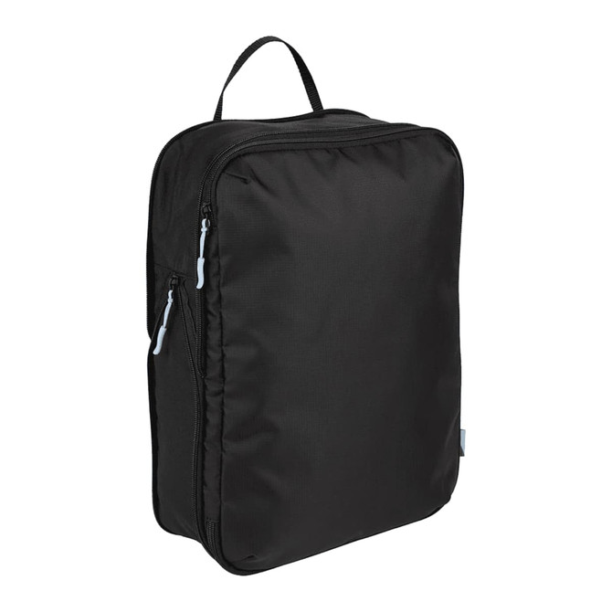 A black compression packing cube with a handle, featuring zippered compartments and a sleek design.