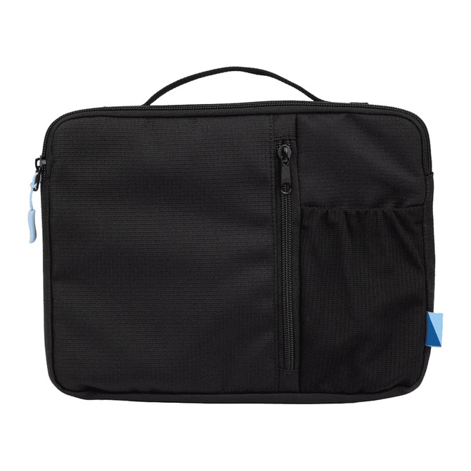 A black organiser case with a handle and front pocket, featuring a zip closure and a logo.
