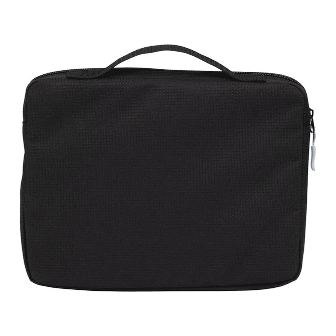A black organiser case with a zip closure and handle. It features a logo on the front.
