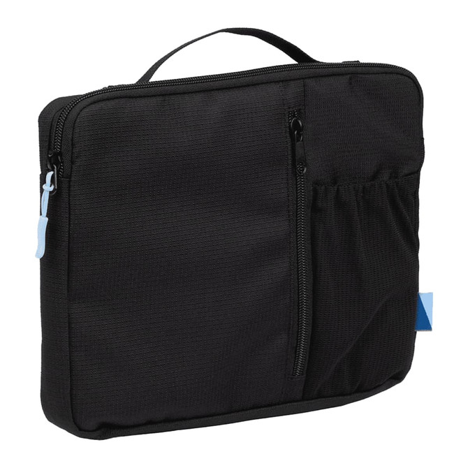 A black organiser case with a zippered pocket and a side mesh pocket, featuring a handle and branding.