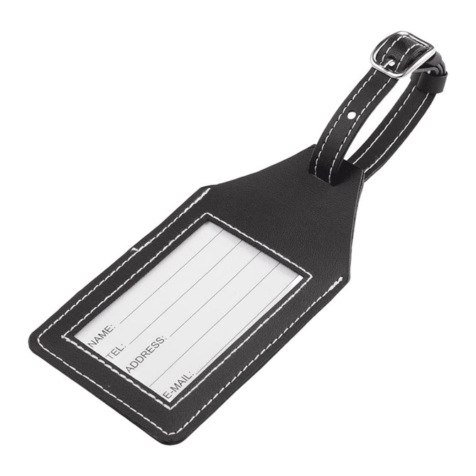 A black luggage tag with a clear ID window and a buckle strap, featuring white stitching details.