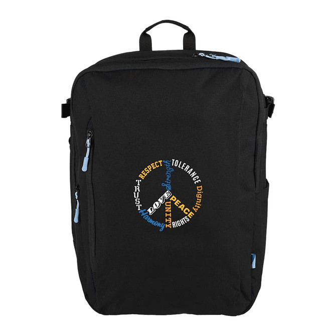 A black travel backpack featuring a circular design with various words and an emblem, along with a logo.