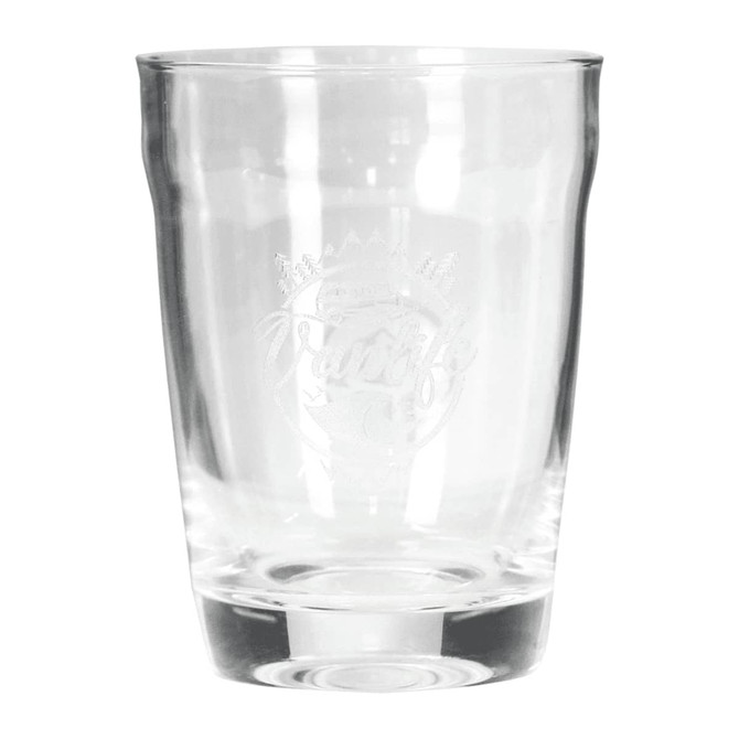 A glass cup with a clear design and an engraved logo on the front, featuring a rounded shape.