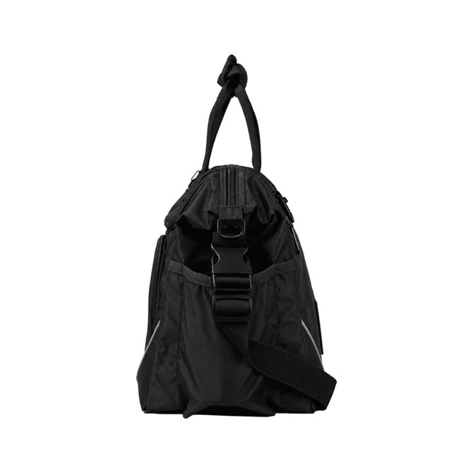 A black bag with a top handle and adjustable strap, featuring zipper closures and a side pocket.