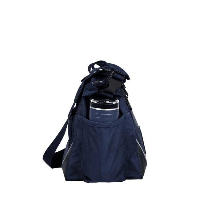 A navy bag with a large drink bottle visible in the front pocket. The bag features a logo and includes an adjustable strap.