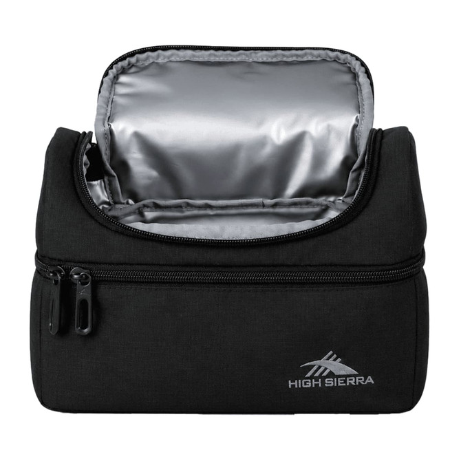 A black lunch bag with a zippered closure, featuring a silver insulated interior and a small logo.