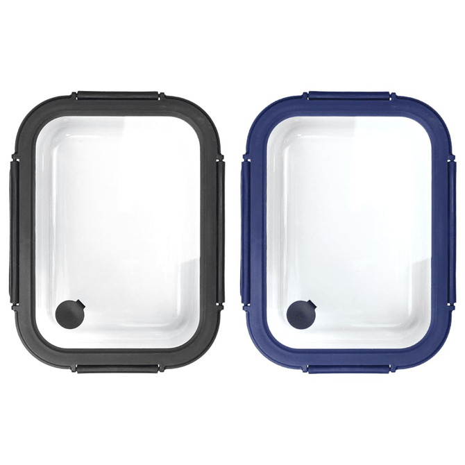 A set of two rectangular glass lunch boxes with black and navy blue silicone lids. They include locking clips.