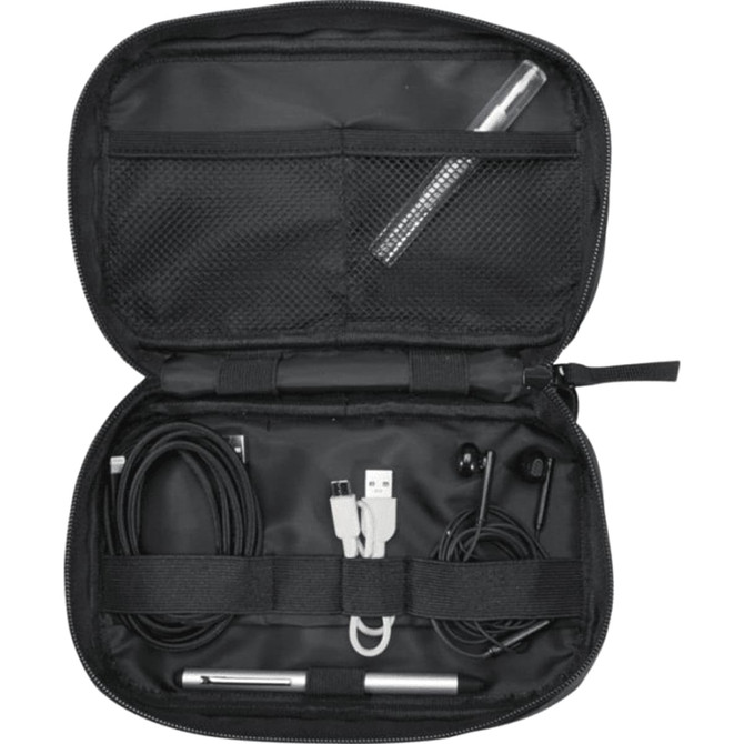 A black tech pouch featuring compartments for cables, earphones, a pen, and a USB connector, with a mesh pocket.