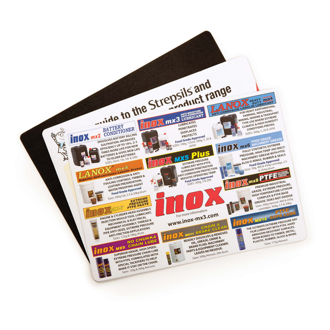 A counter mat featuring a variety of products, predominantly in white and colourful graphics, with a black backing.