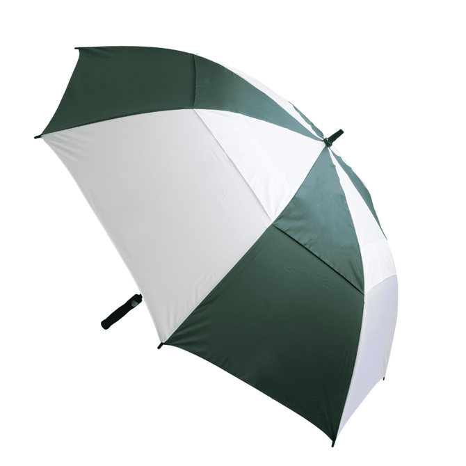 A large green and white umbrella with a sturdy black handle and a simple design, featuring a logo.