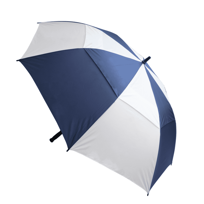 A navy and white striped umbrella with a black handle and a logo.