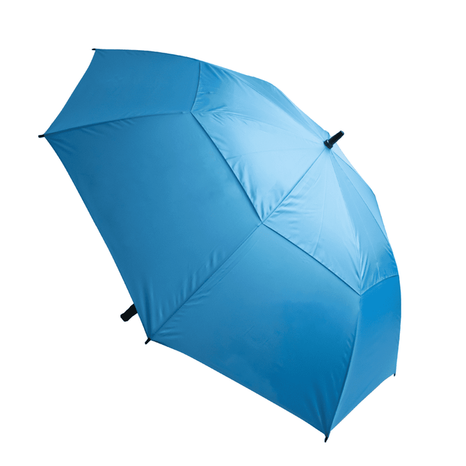 A blue umbrella featuring a logo and a six-panel design, showcasing a sleek and modern appearance.