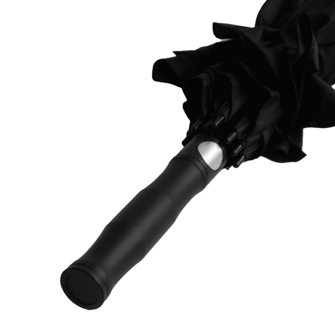 A black umbrella with a ruffled canopy and a sleek handle, featuring a logo on the handle.
