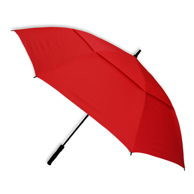 A red umbrella with a black handle and a solid canopy, featuring a logo on the handle.