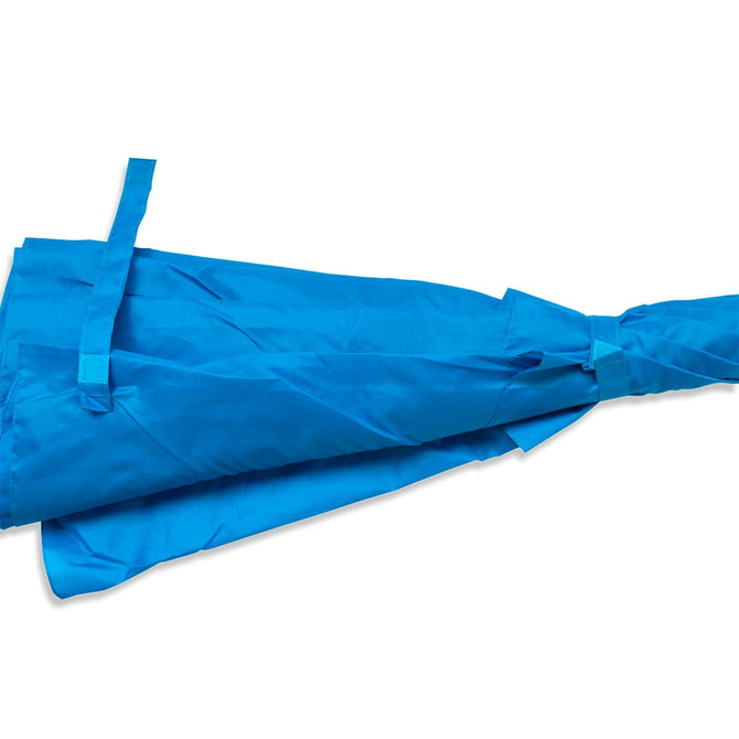 A blue umbrella with ties gathered neatly, featuring a logo on the fabric.