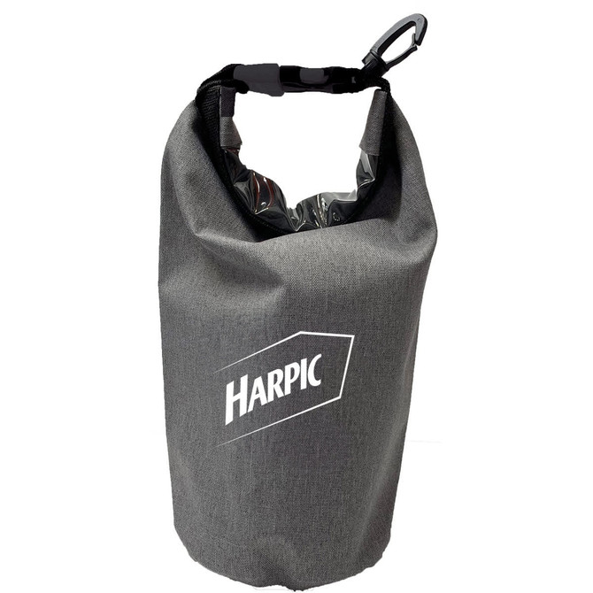 A grey 2.5L dry bag with a sturdy handle and a logo. Ideal for keeping items dry and secure.