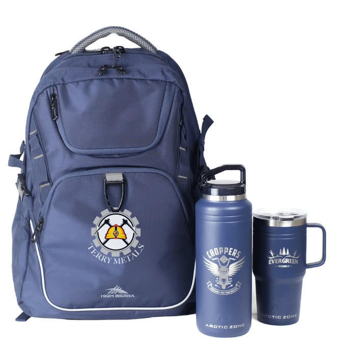 A navy blue backpack, a stainless steel drink bottle, and a drink tumbler, all featuring logos.