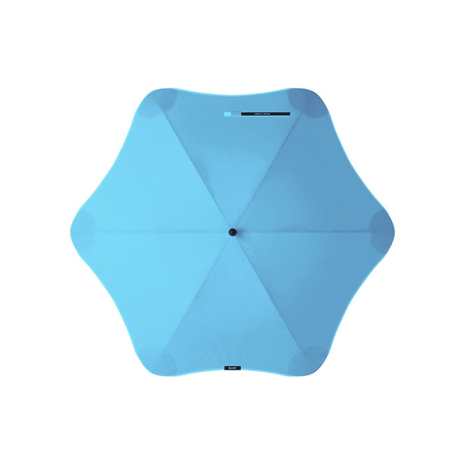 A light blue umbrella with a star-shaped design and a central hub. It features a logo on the top.