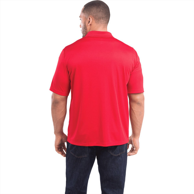 A red short sleeve polo shirt for men, featuring a simple design and a logo on the back.