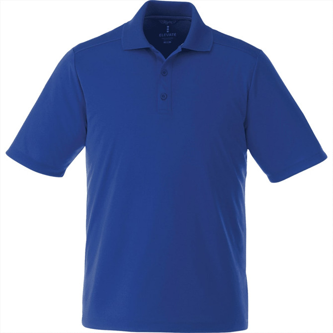 A blue short sleeve polo shirt for men, featuring a collar and a logo on the front.