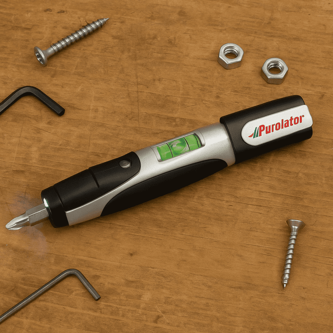 A flashlight tool kit with a level, featuring a black and silver body, surrounded by various screws and nuts.