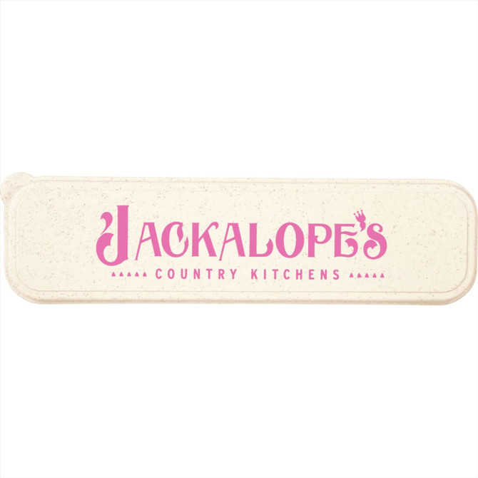 A light-coloured cutlery case with a logo on the front, featuring the brand name in pink.
